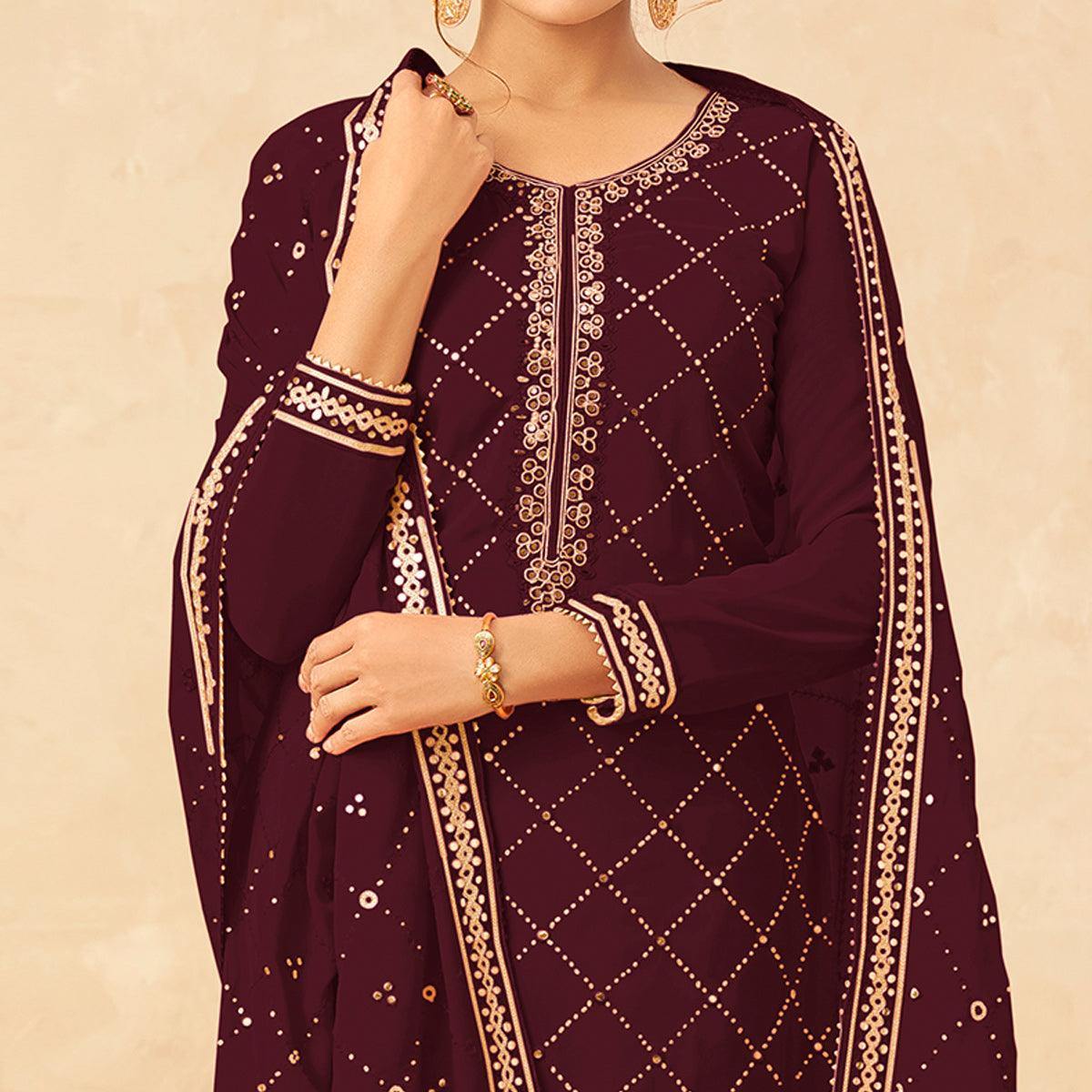 Maroon Partywear Embroidered Georgette Palazzo Suit