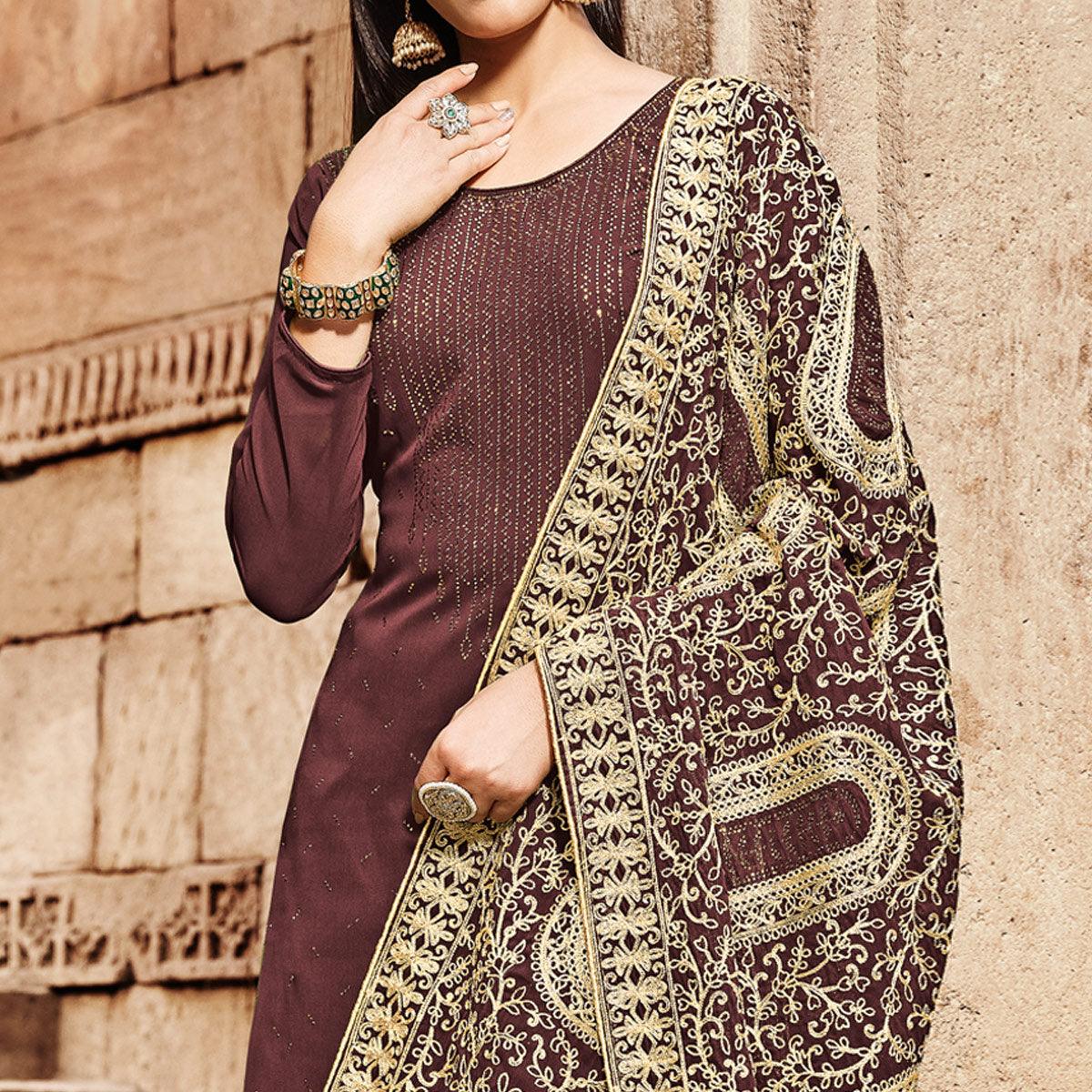 Maroon Partywear Embroidered Georgette Palazzo Suit