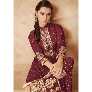 Maroon Partywear Embroidered Georgette Palazzo Suit