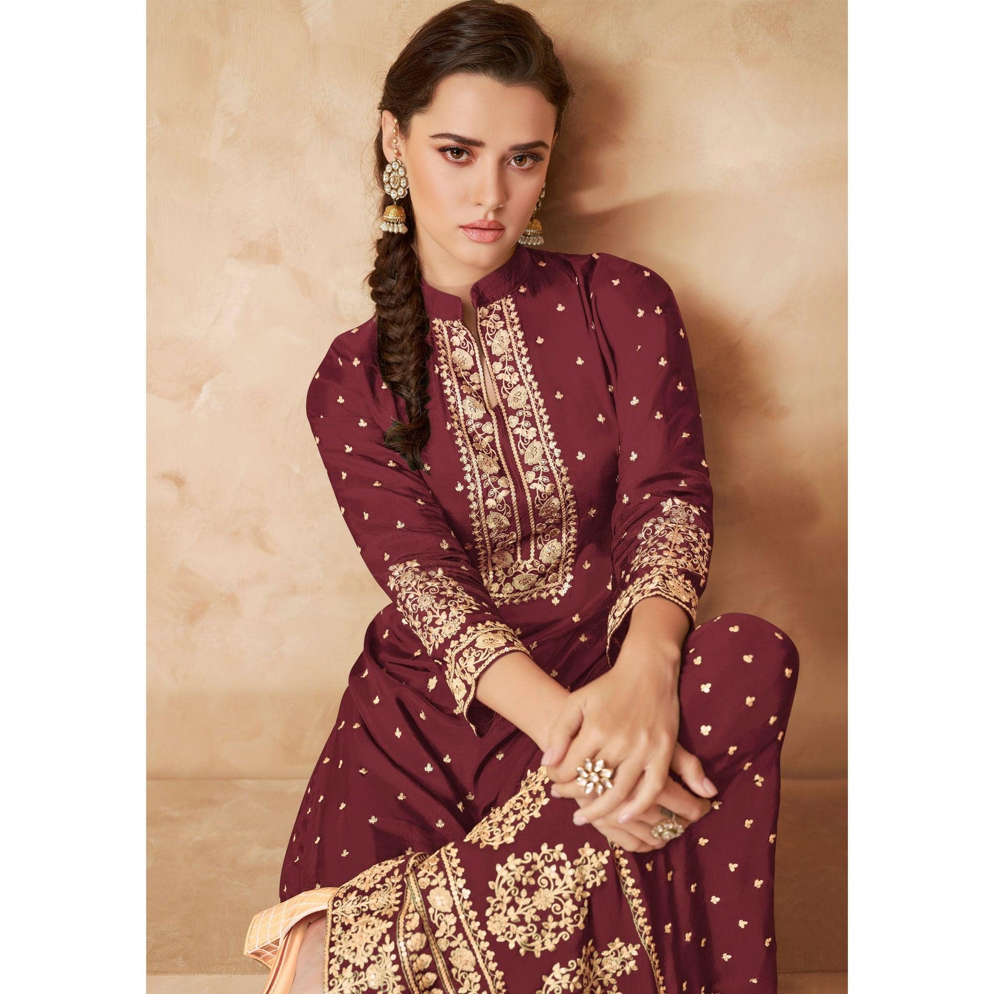 Maroon Partywear Embroidered Georgette Palazzo Suit