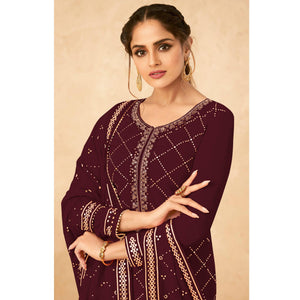 Maroon Partywear Embroidered Georgette Palazzo Suit