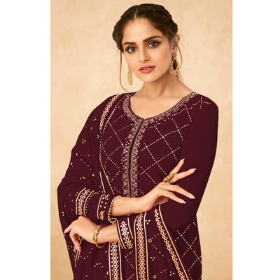 Maroon Partywear Embroidered Georgette Palazzo Suit