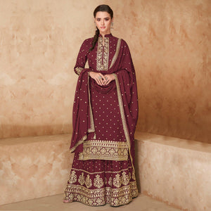 Maroon Partywear Embroidered Georgette Palazzo Suit