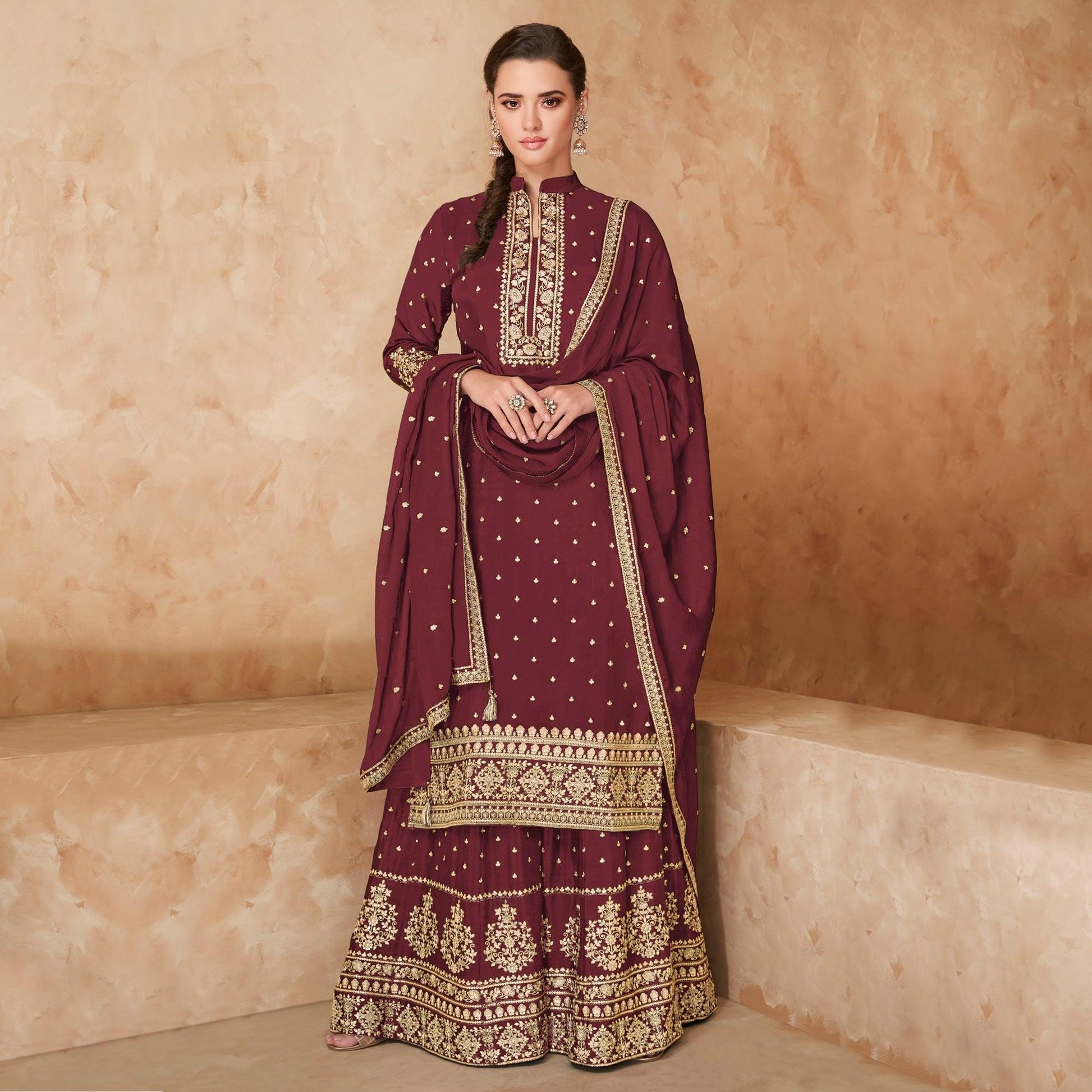 Maroon Partywear Embroidered Georgette Palazzo Suit