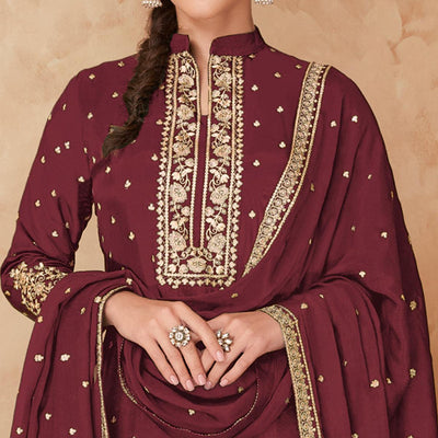 Maroon Partywear Embroidered Georgette Palazzo Suit