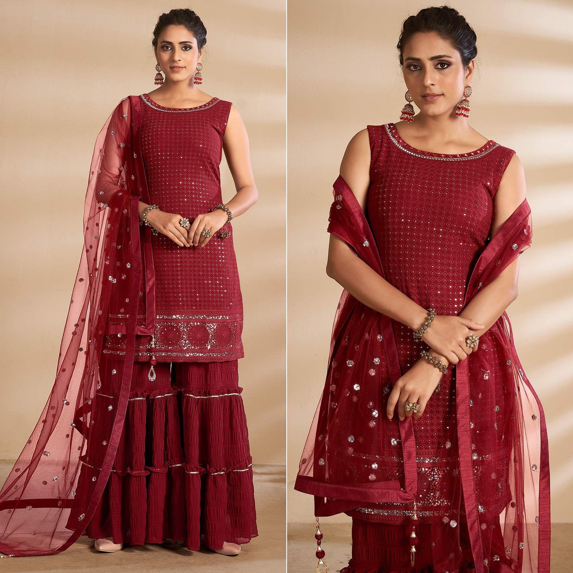Maroon Partywear Embroidered Georgette Sharara Suit