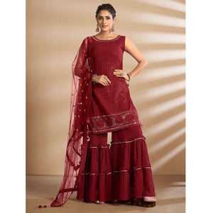 Maroon Partywear Embroidered Georgette Sharara Suit