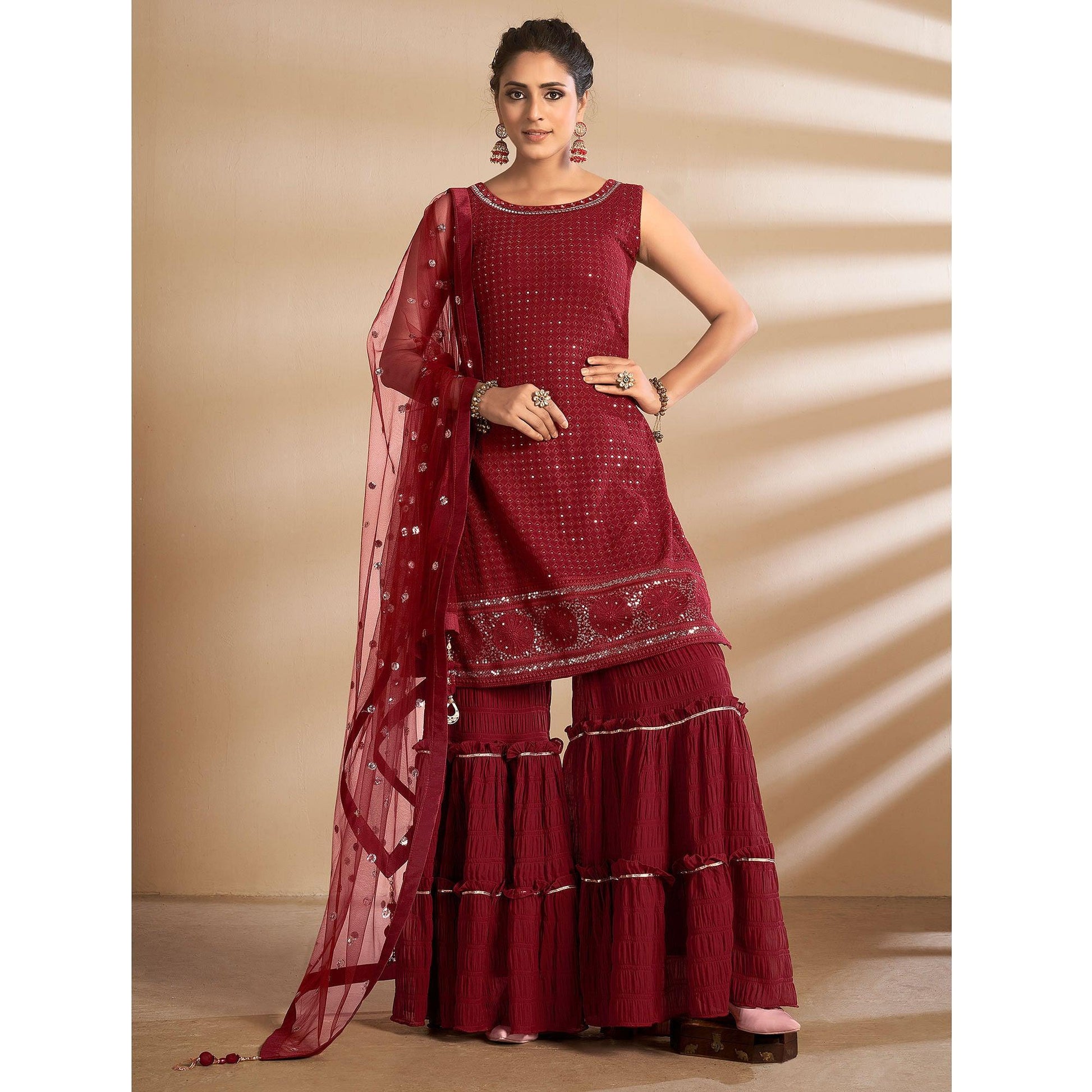 Maroon Partywear Embroidered Georgette Sharara Suit