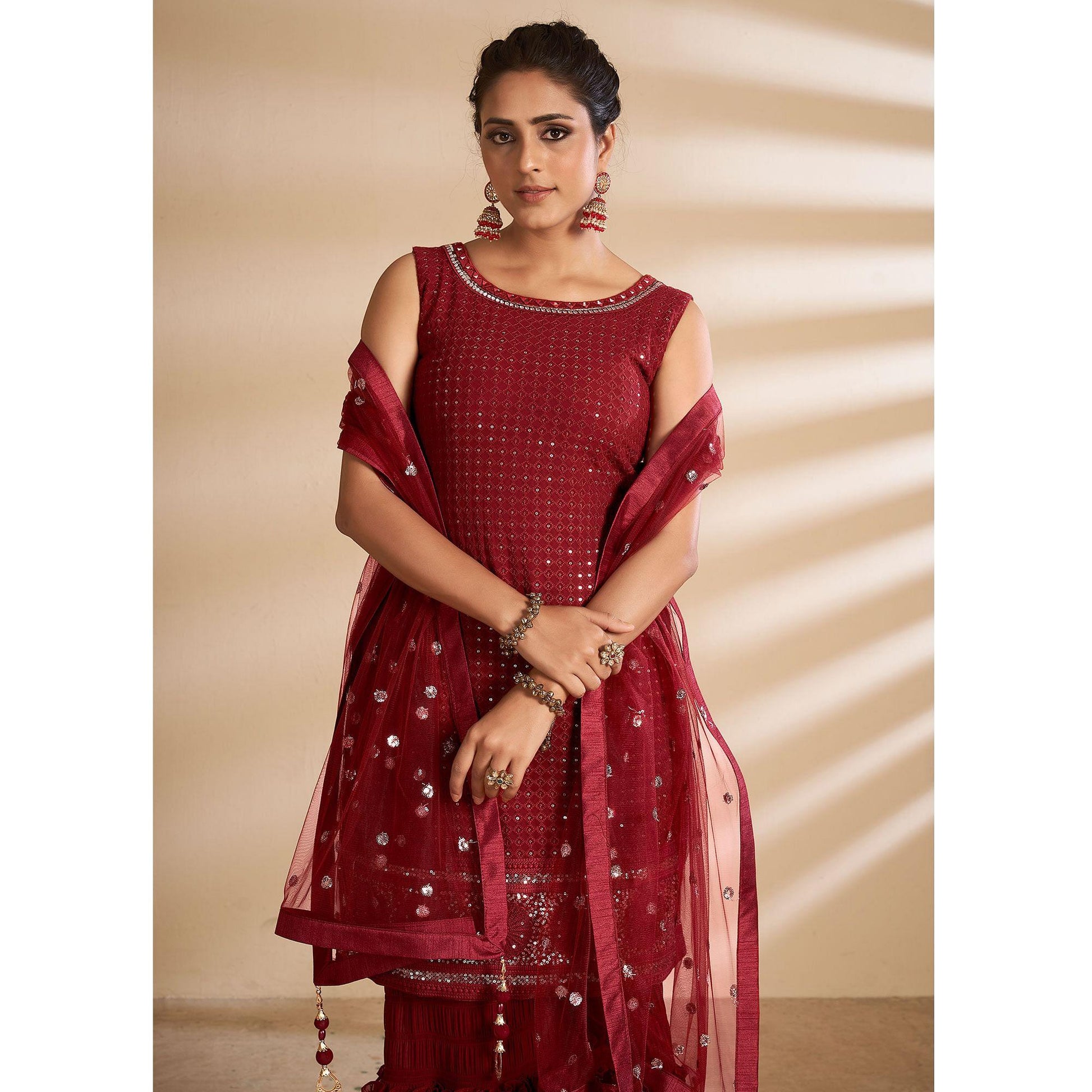 Maroon Partywear Embroidered Georgette Sharara Suit