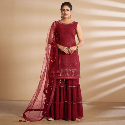 Maroon Partywear Embroidered Georgette Sharara Suit