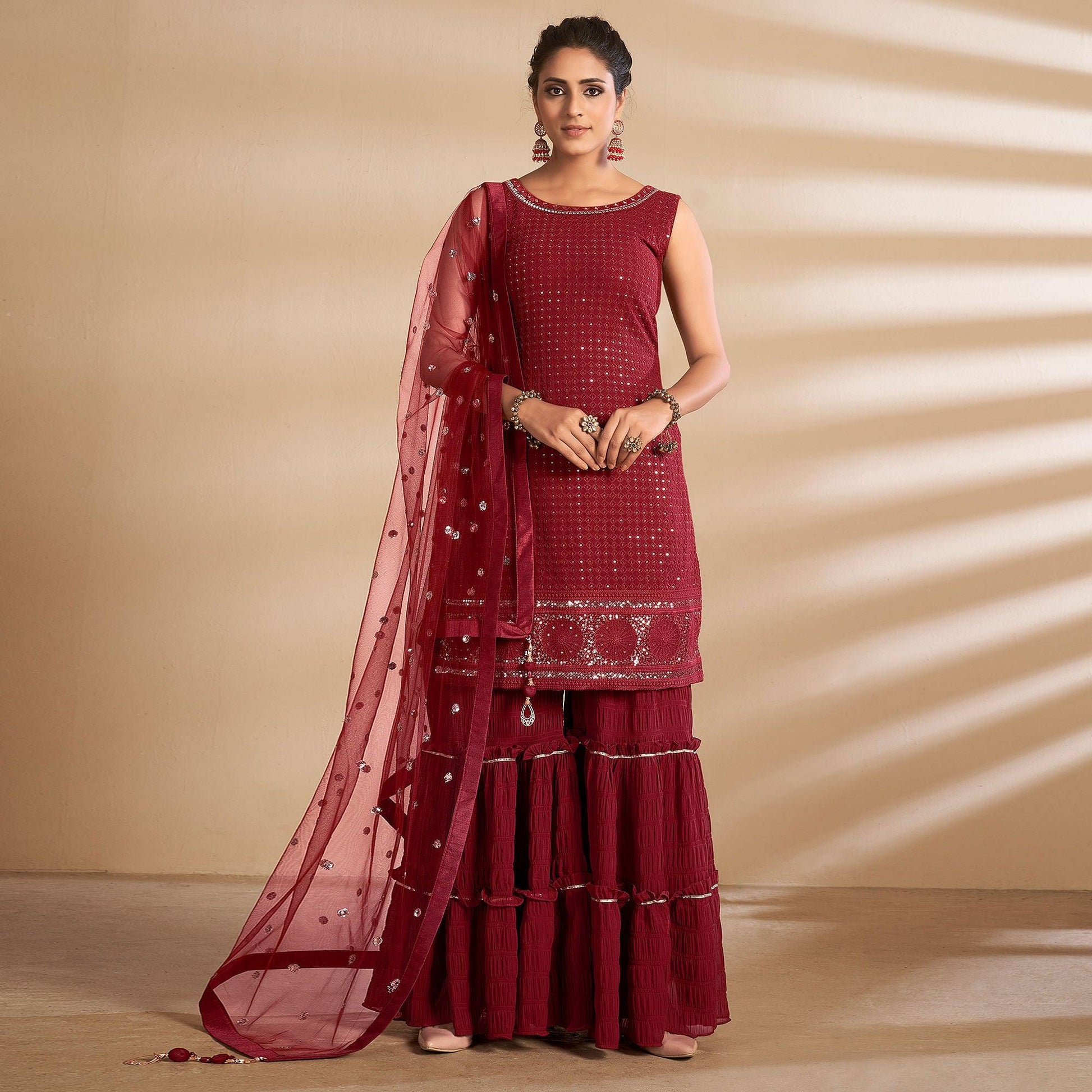Maroon Partywear Embroidered Georgette Sharara Suit