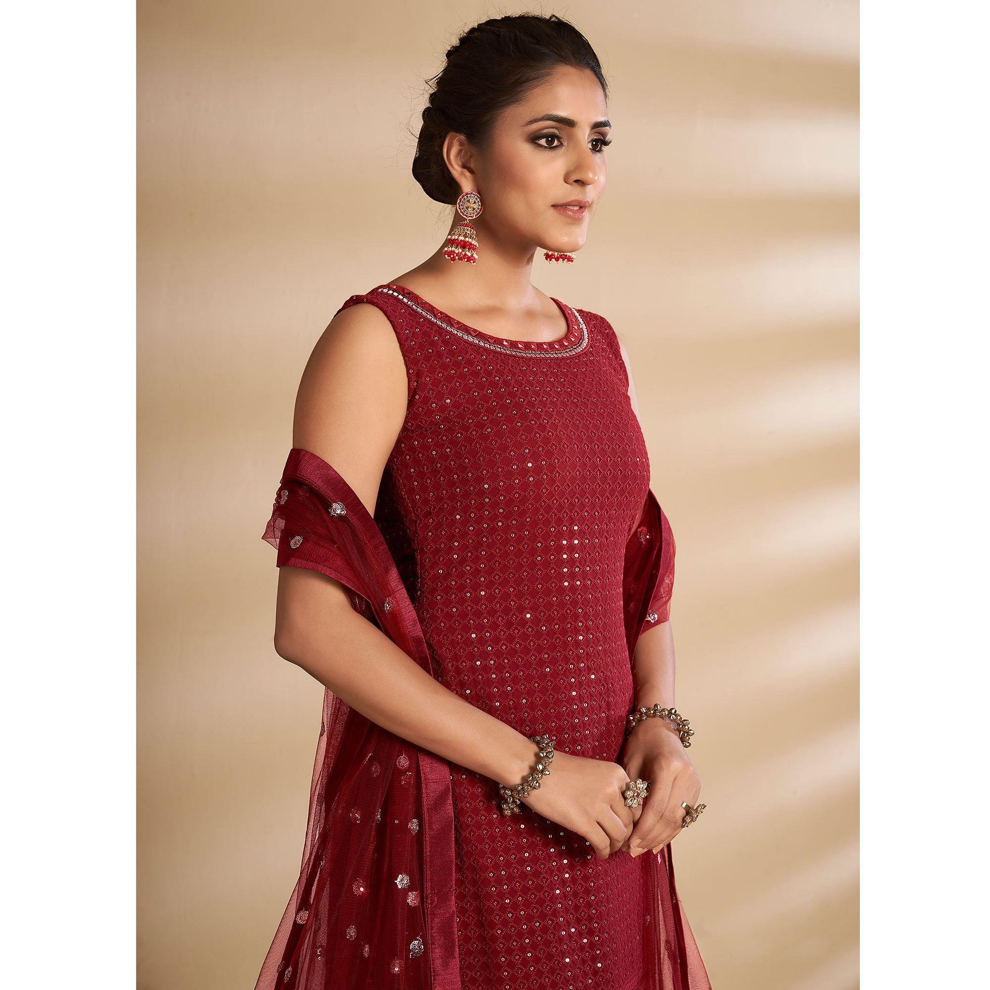 Maroon Partywear Embroidered Georgette Sharara Suit