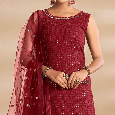 Maroon Partywear Embroidered Georgette Sharara Suit