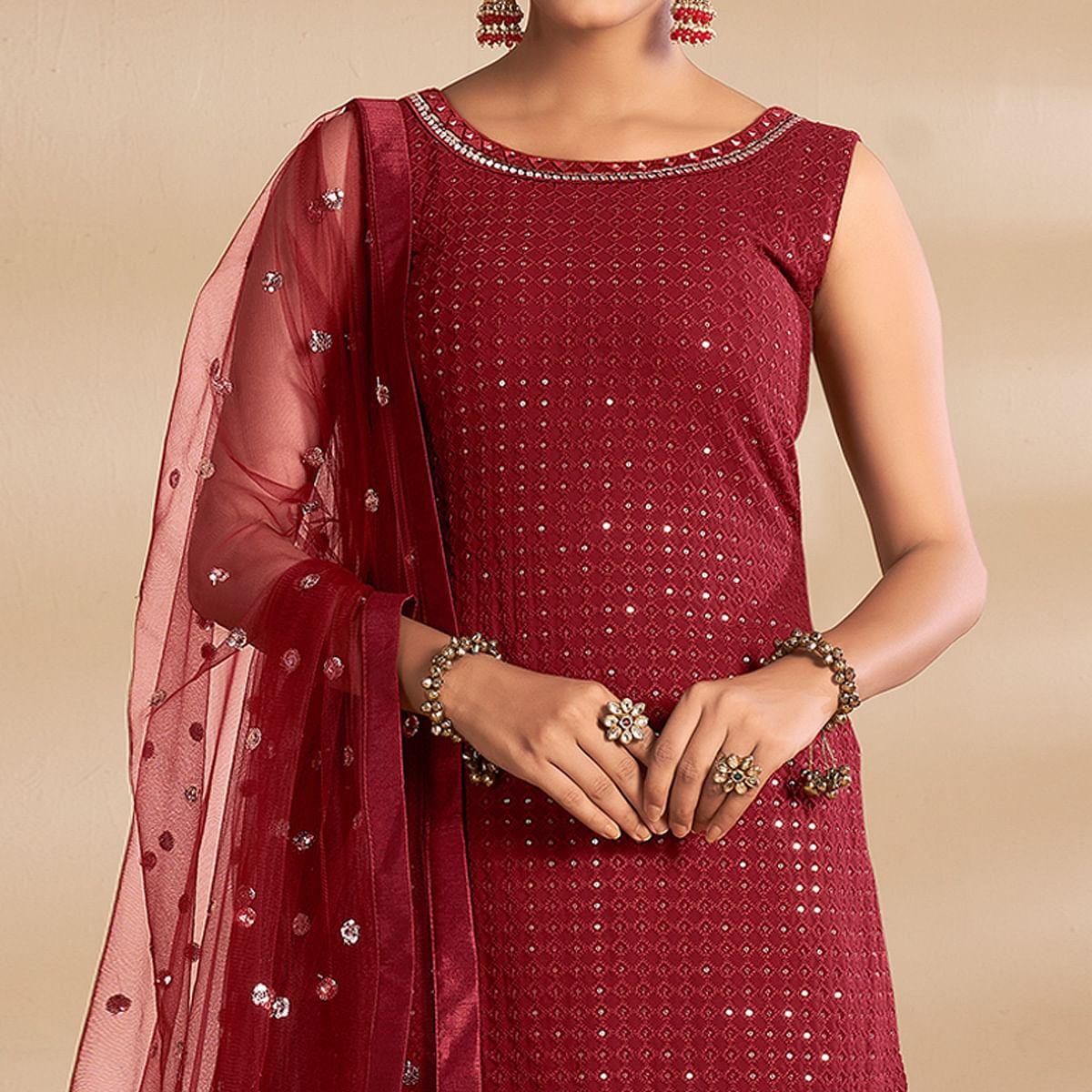 Maroon Partywear Embroidered Georgette Sharara Suit