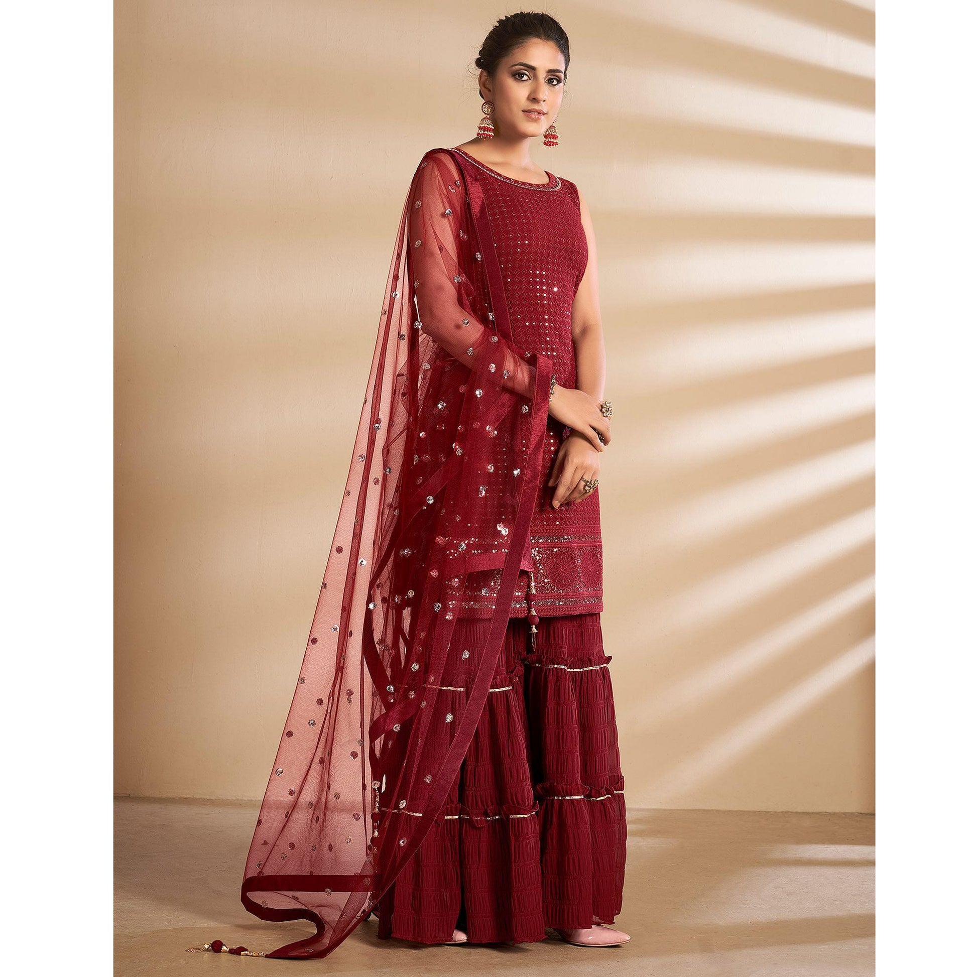 Maroon Partywear Embroidered Georgette Sharara Suit