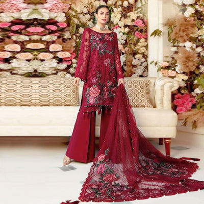 Maroon Partywear Embroidered Heavy Net Pakistani Suit