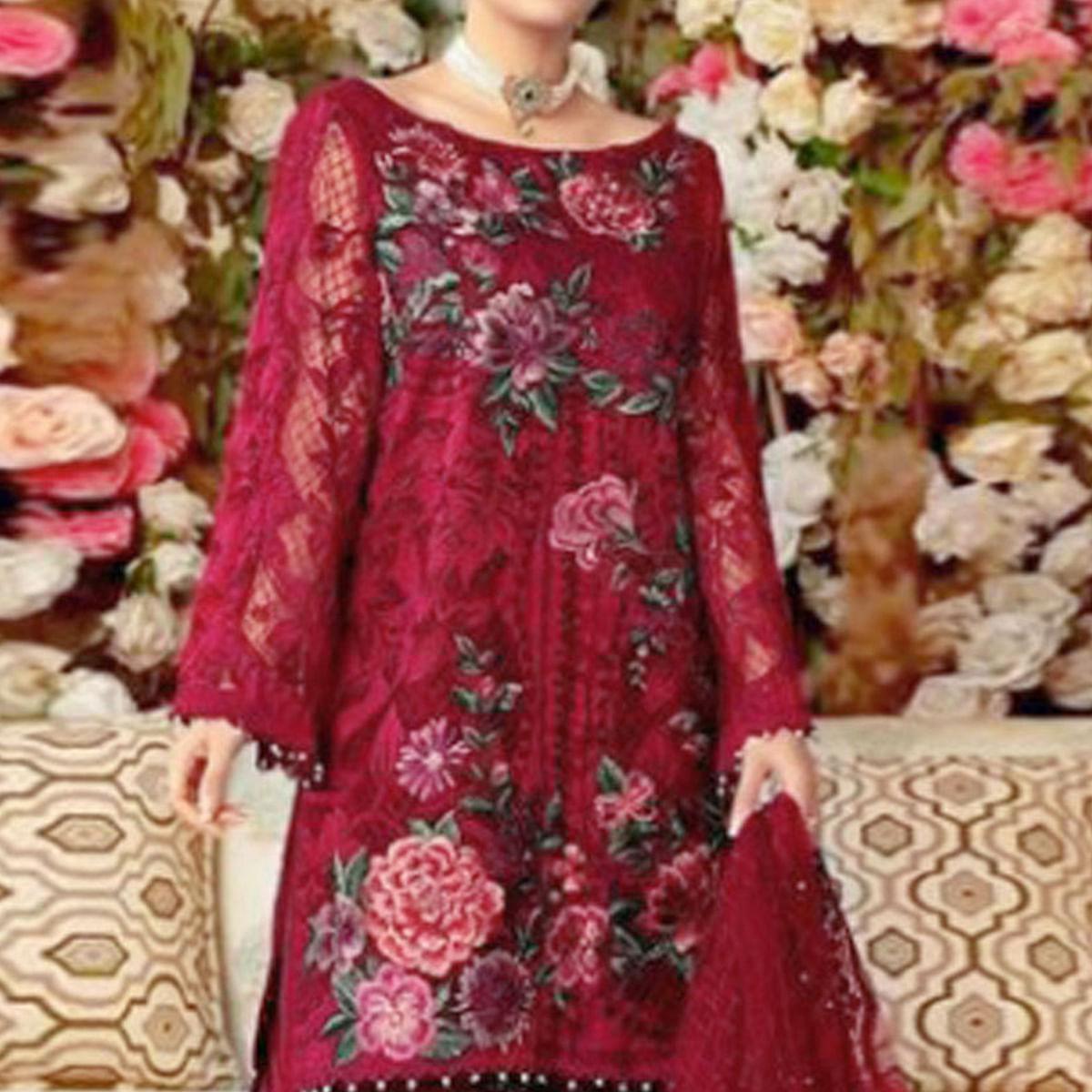 Maroon Partywear Embroidered Heavy Net Pakistani Suit