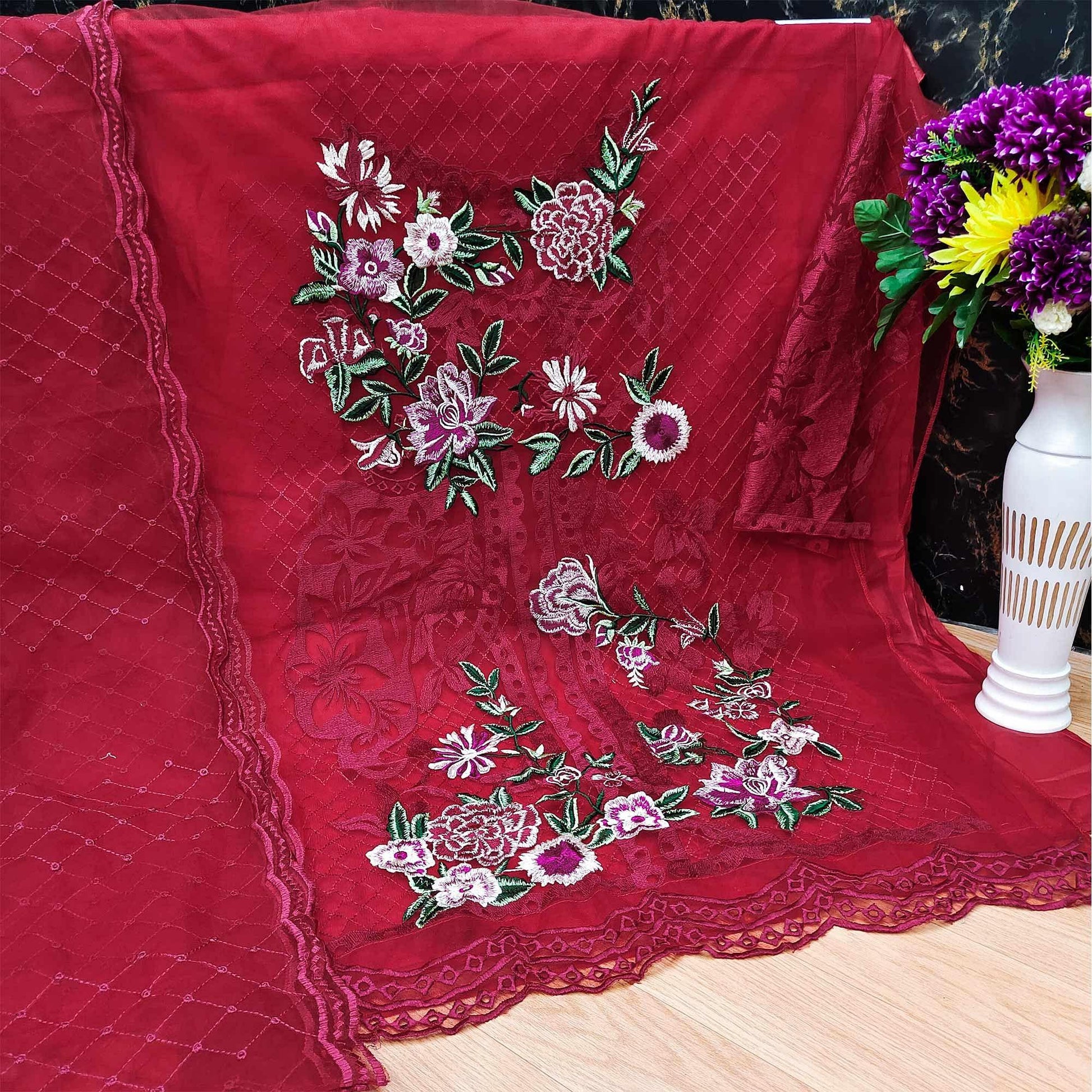 Maroon Partywear Embroidered Heavy Net Pakistani Suit