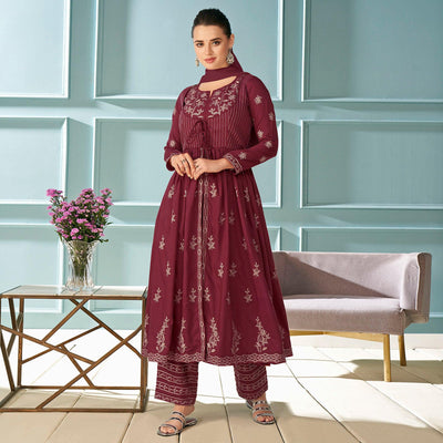 Maroon Partywear Embroidered Rayon Kurti - Palazzo Set With Dupatta
