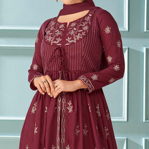 Maroon Partywear Embroidered Rayon Kurti - Palazzo Set With Dupatta