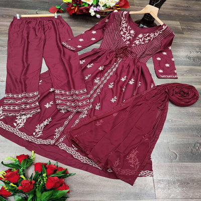 Maroon Partywear Embroidered Rayon Kurti - Palazzo Set With Dupatta