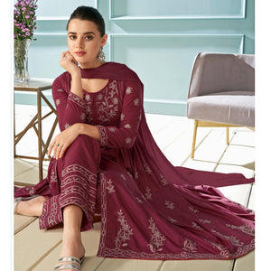 Maroon Partywear Embroidered Rayon Kurti - Palazzo Set With Dupatta