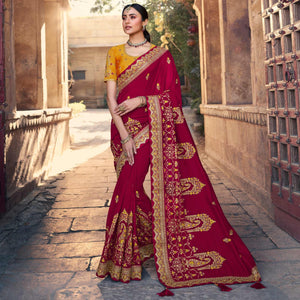 Maroon Partywear Embroidered Silk Saree