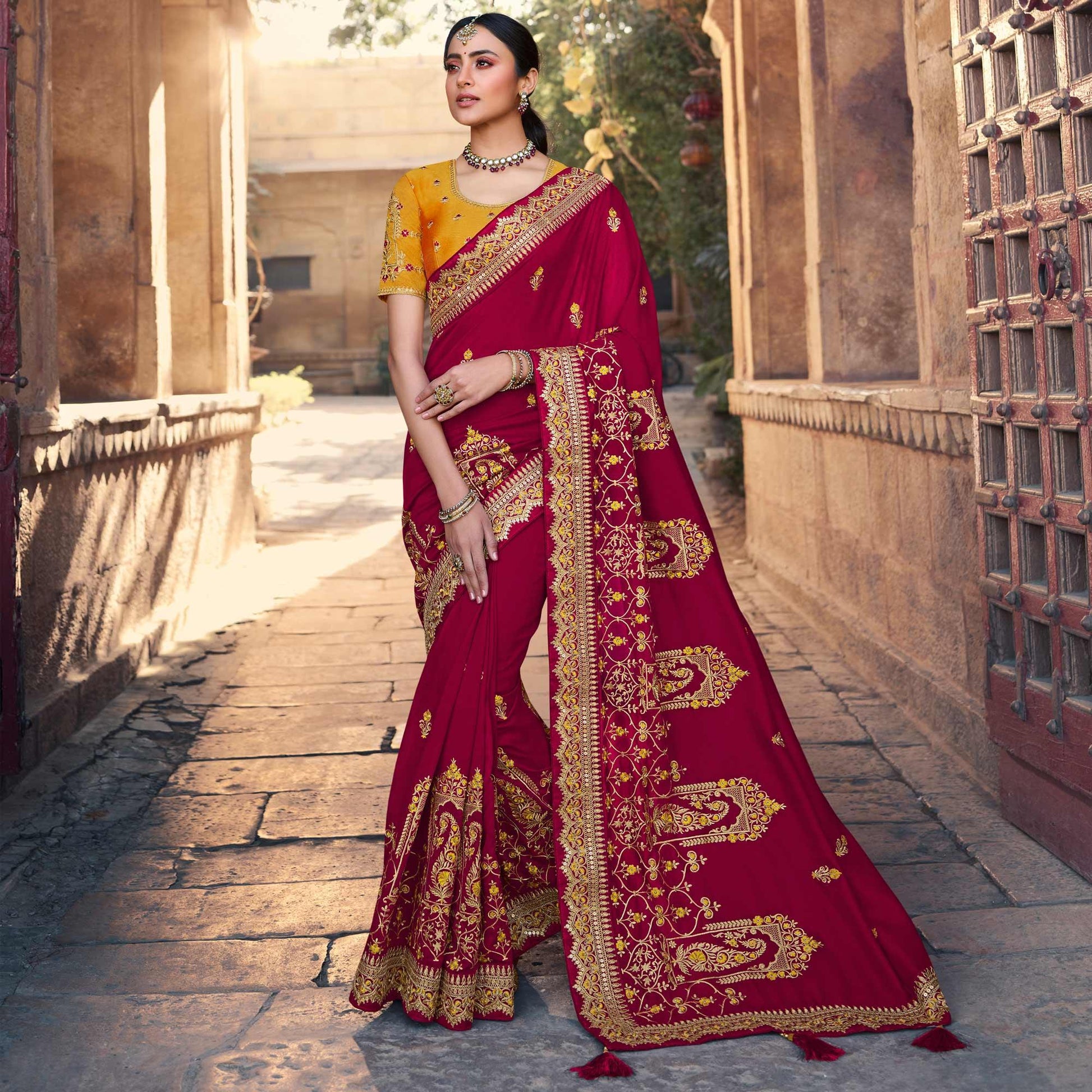 Maroon Partywear Embroidered Silk Saree