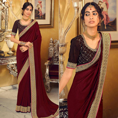 Maroon Partywear Embroidered Silk Saree