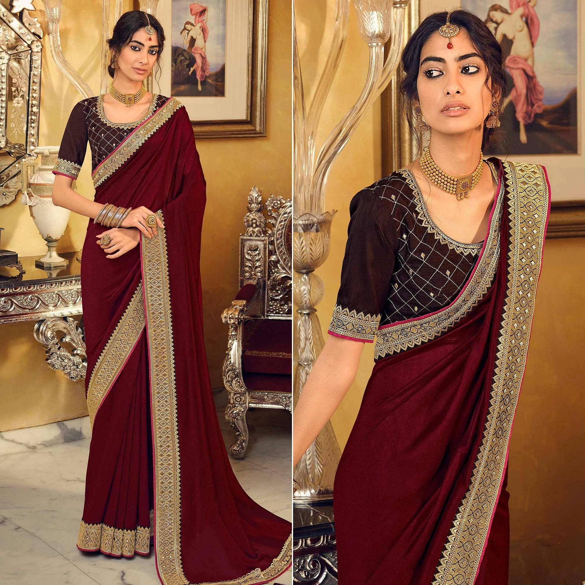 Maroon Partywear Embroidered Silk Saree