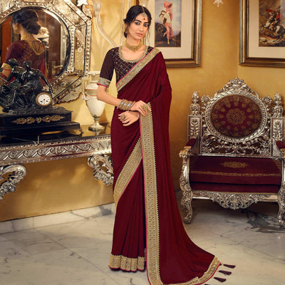 Maroon Partywear Embroidered Silk Saree