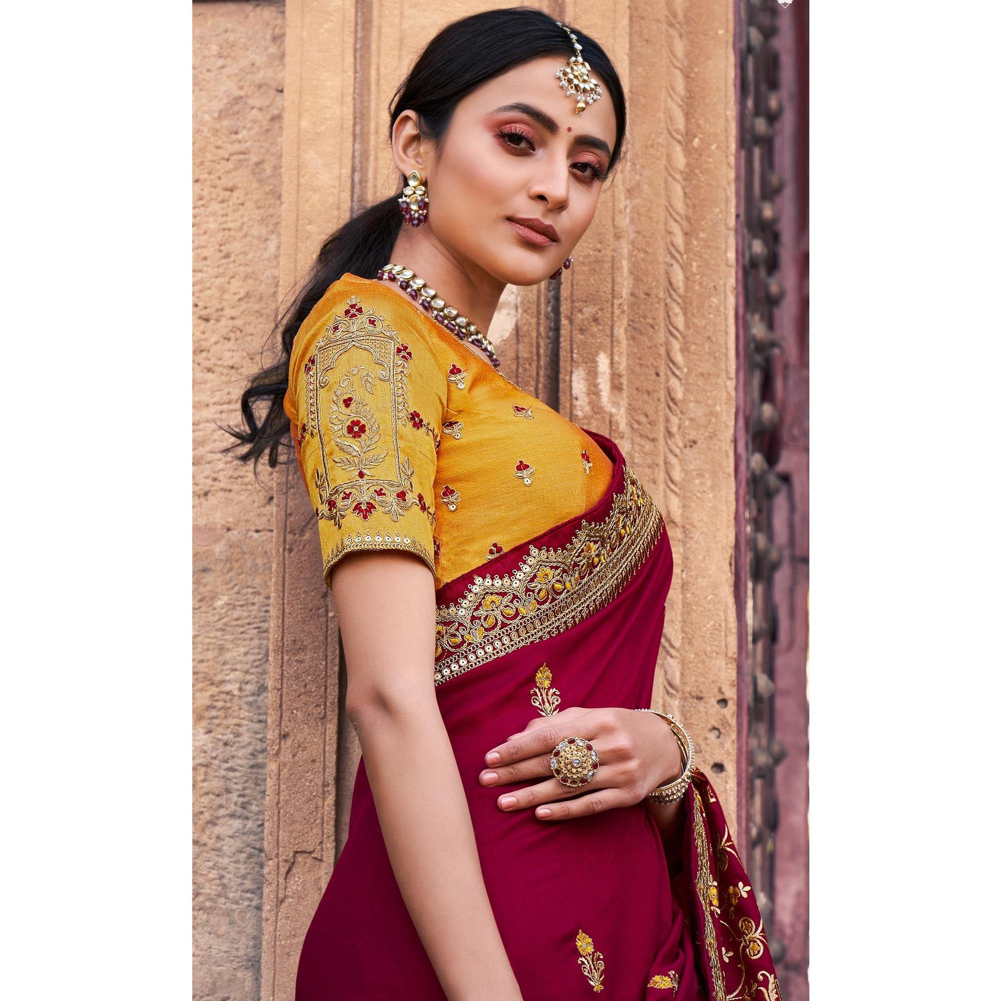 Maroon Partywear Embroidered Silk Saree