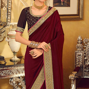 Maroon Partywear Embroidered Silk Saree