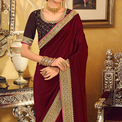 Maroon Partywear Embroidered Silk Saree