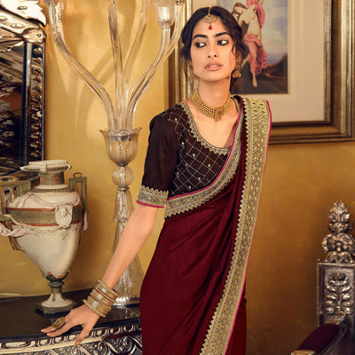 Maroon Partywear Embroidered Silk Saree