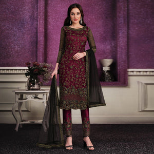 Maroon Partywear Embroidered Soft Net Suit