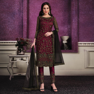 Maroon Partywear Embroidered Soft Net Suit