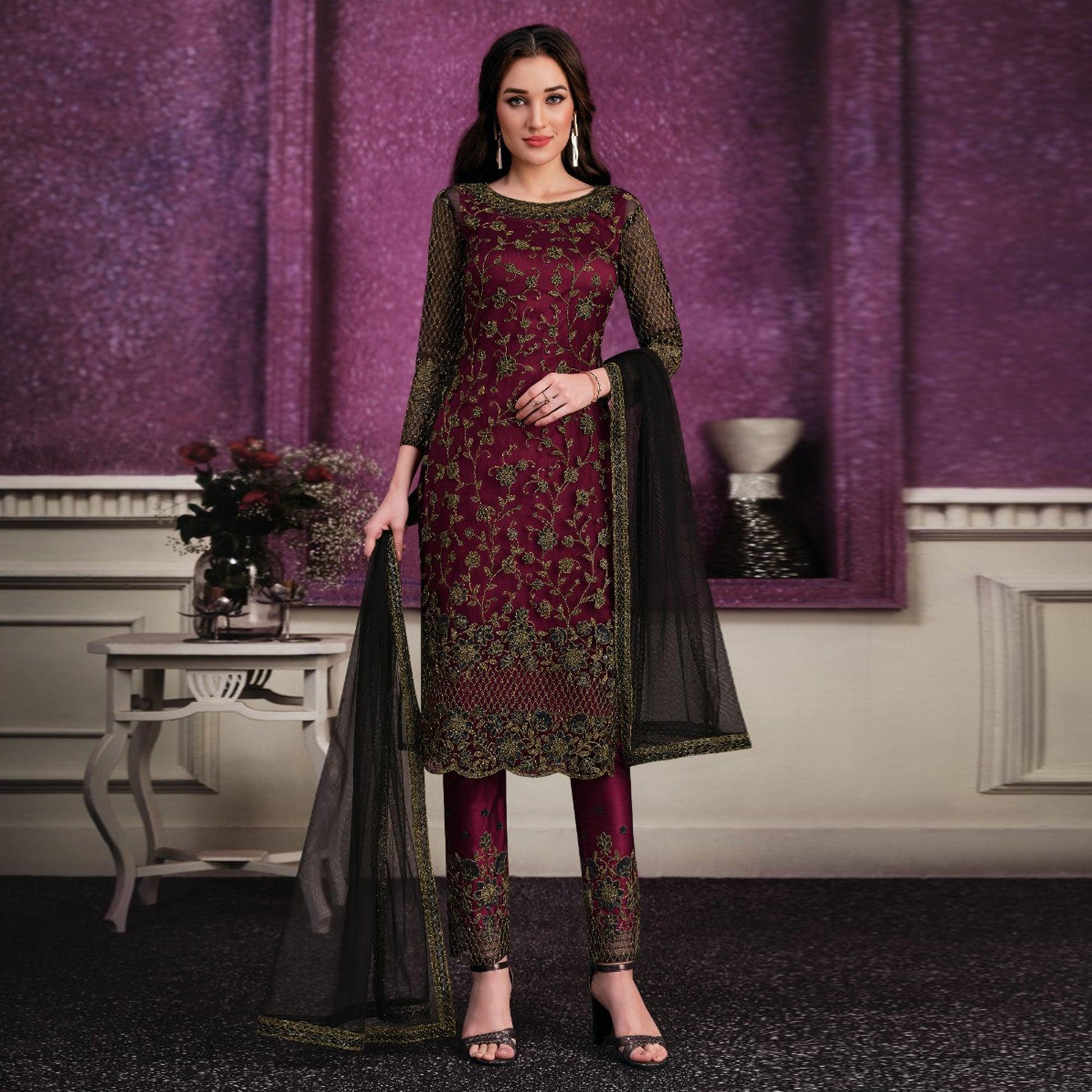 Maroon Partywear Embroidered Soft Net Suit