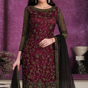 Maroon Partywear Embroidered Soft Net Suit