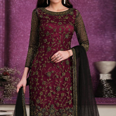 Maroon Partywear Embroidered Soft Net Suit