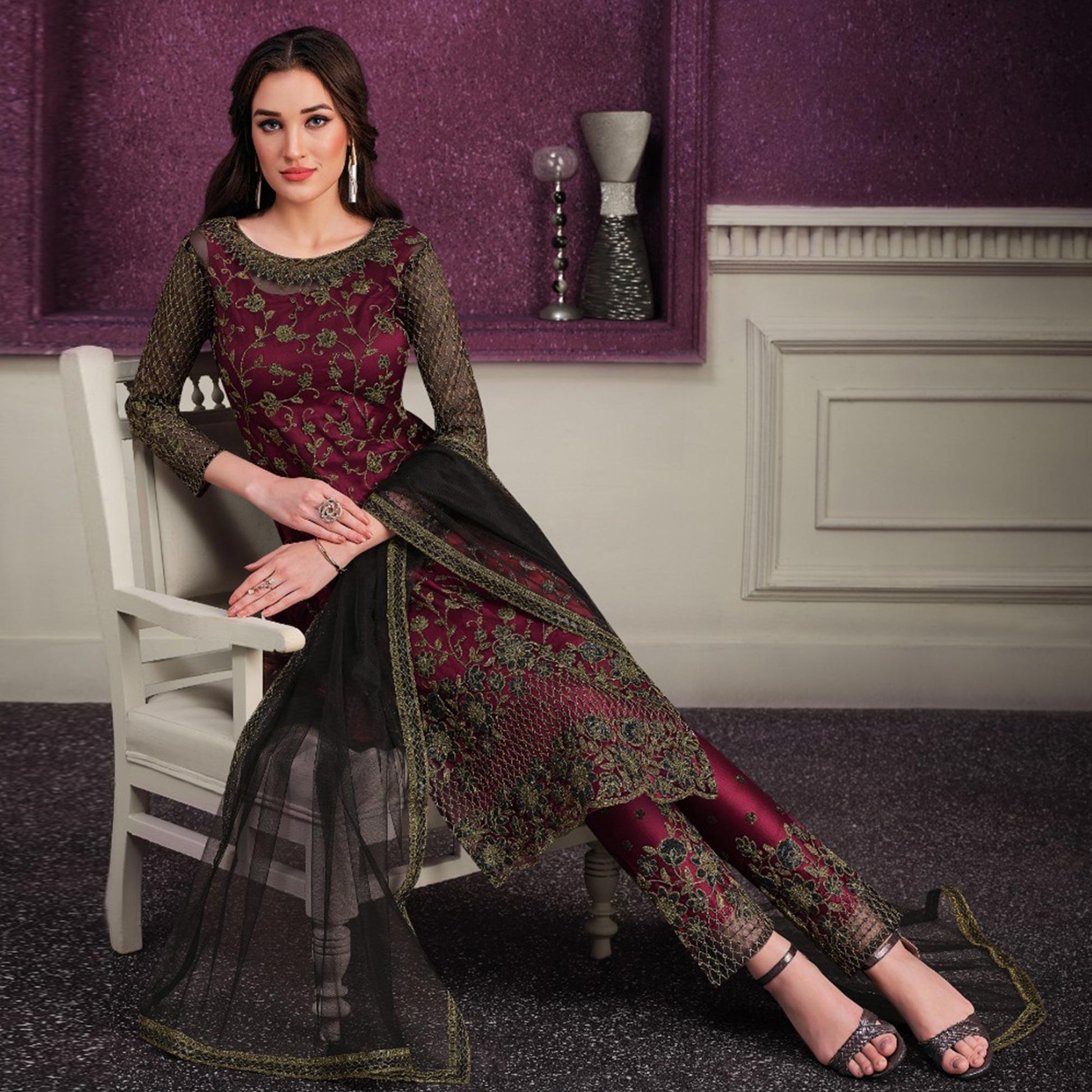 Maroon Partywear Embroidered Soft Net Suit