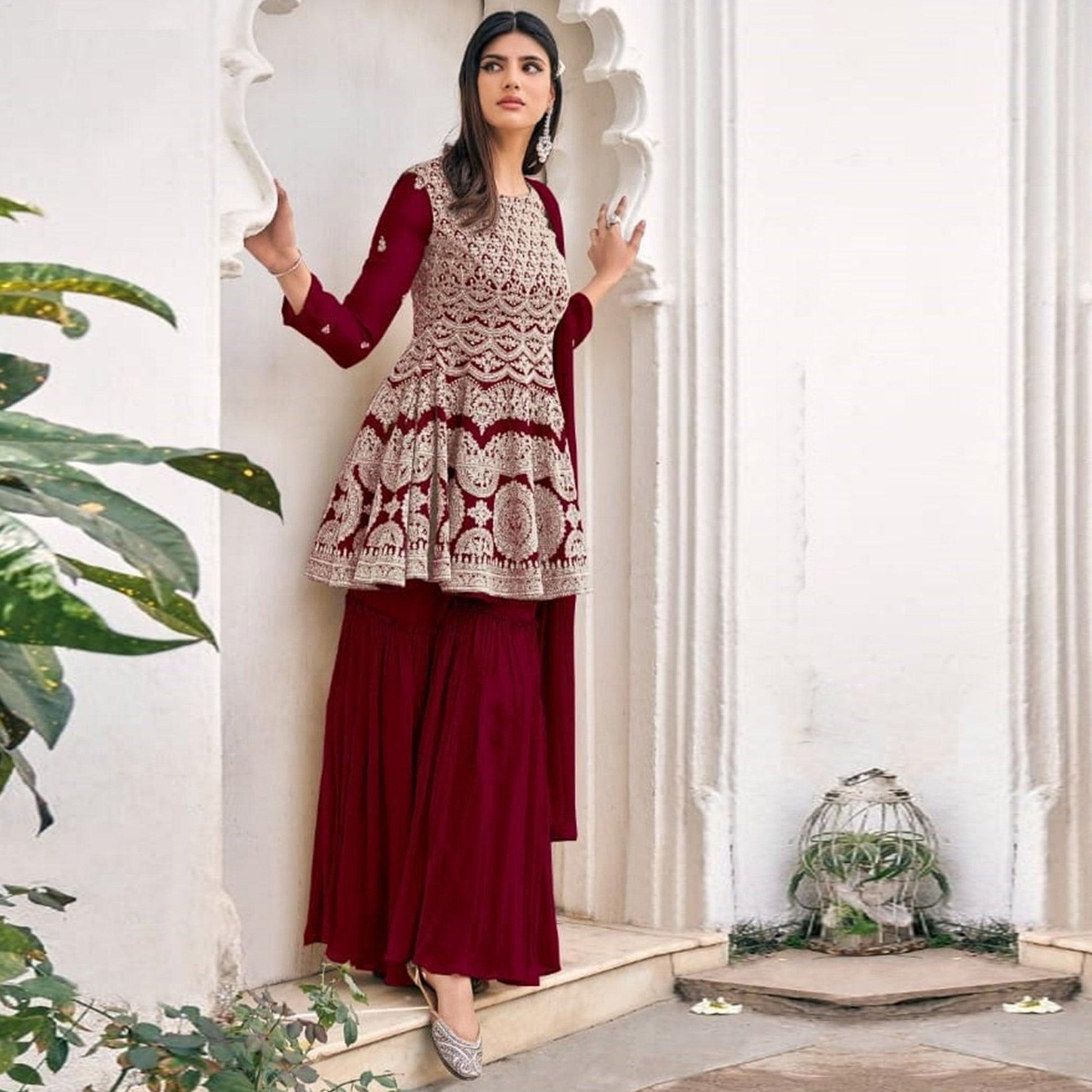 Maroon Partywear Embroidered Viscose Georgette Sharara Suit
