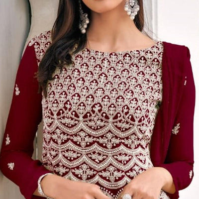 Maroon Partywear Embroidered Viscose Georgette Sharara Suit