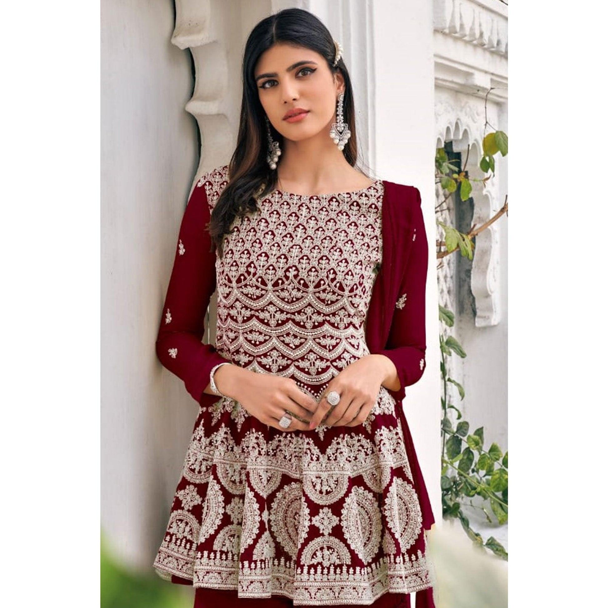Maroon Partywear Embroidered Viscose Georgette Sharara Suit