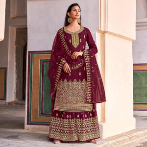 Maroon Partywear Embroidered With Stone Work Dola Jacquard Palazzo Suit