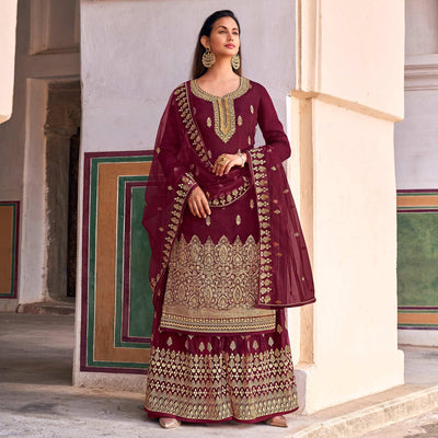 Maroon Partywear Embroidered With Stone Work Dola Jacquard Palazzo Suit