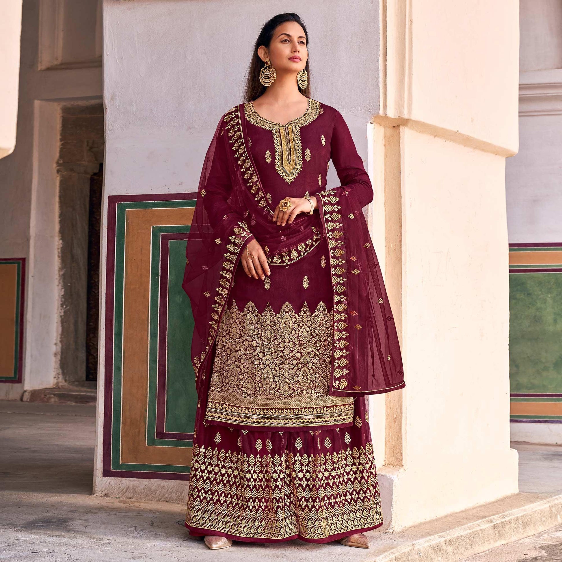 Maroon Partywear Embroidered With Stone Work Dola Jacquard Palazzo Suit