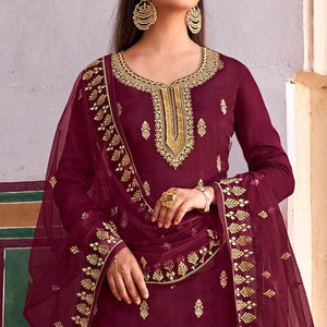 Maroon Partywear Embroidered With Stone Work Dola Jacquard Palazzo Suit