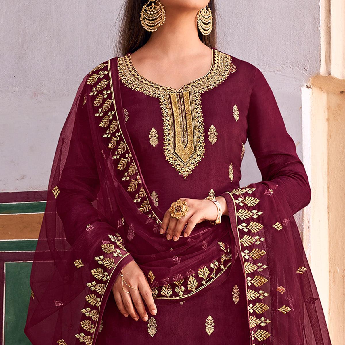 Maroon Partywear Embroidered With Stone Work Dola Jacquard Palazzo Suit