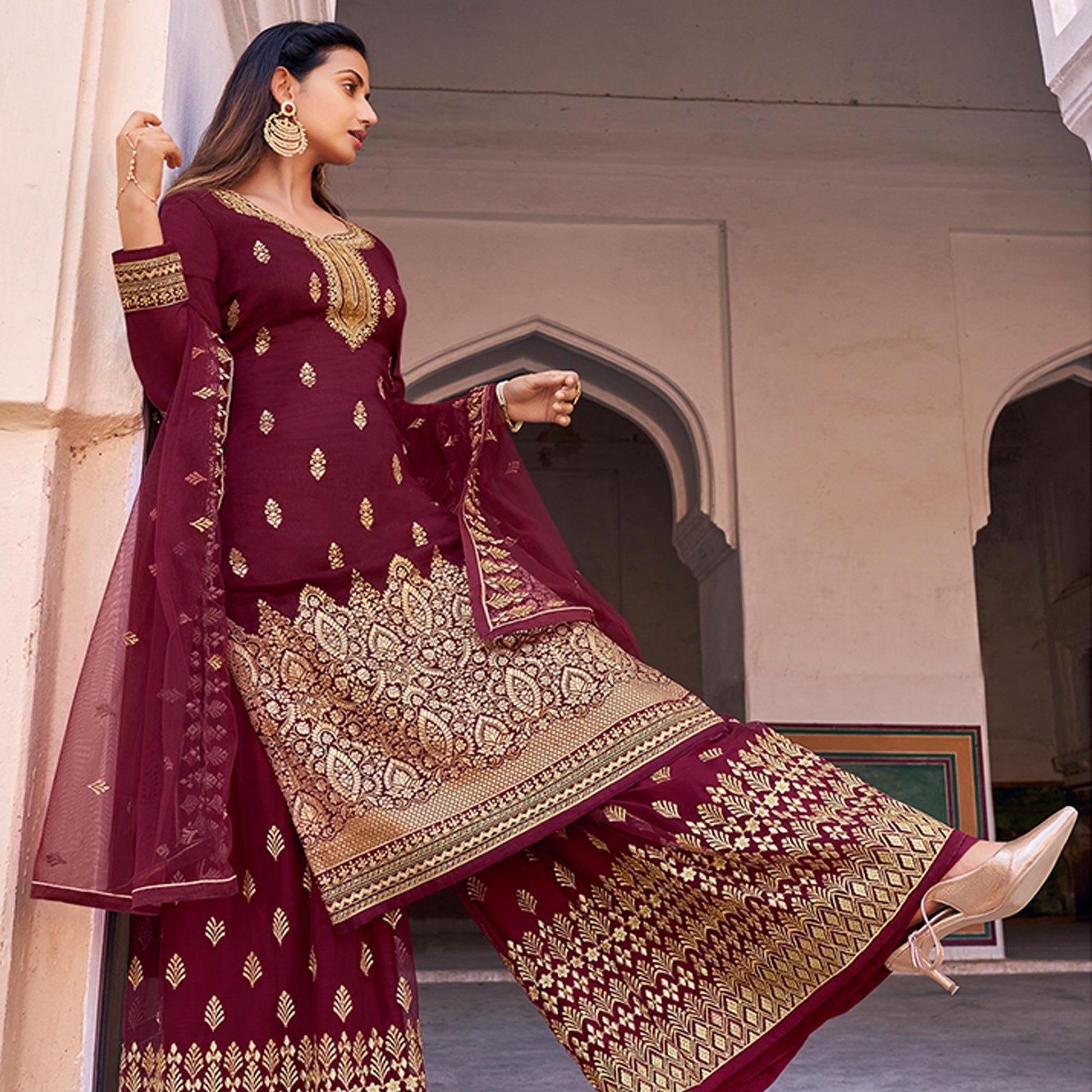Maroon Partywear Embroidered With Stone Work Dola Jacquard Palazzo Suit